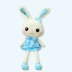 Coniglio gigante di peluche con vestito blu
