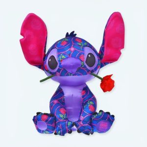 Stitch peluche viola con una rosa rossa in bocca