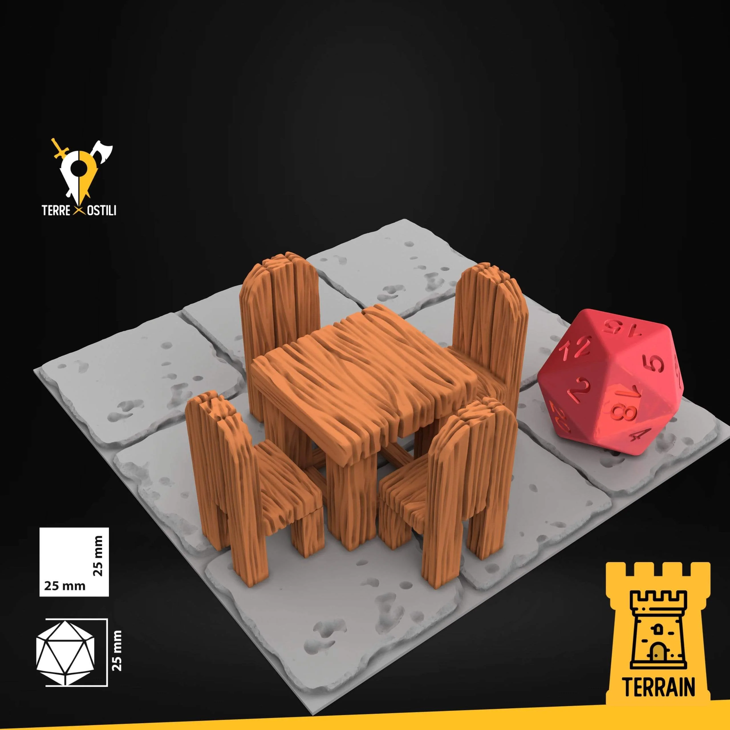 Tavolo quadrato taverna locanda con 4 sedie scenico 3D plastica