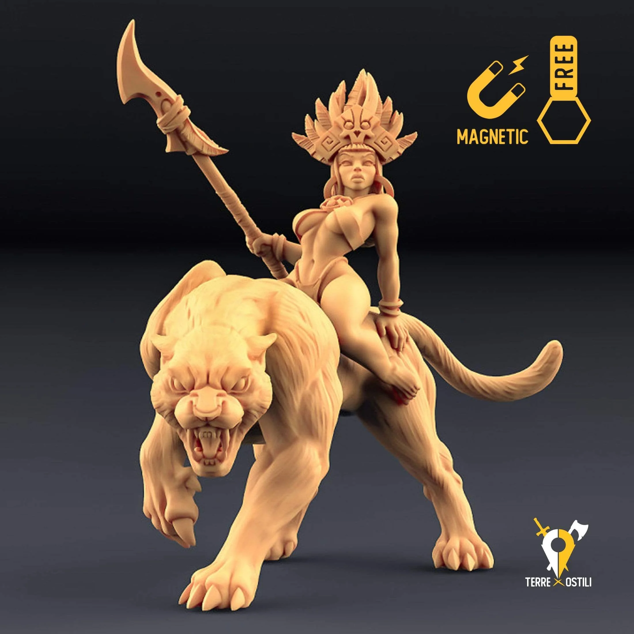 Umana cacciatrice regina a cavallo pantera umanoide miniatura 3D - immagine 2